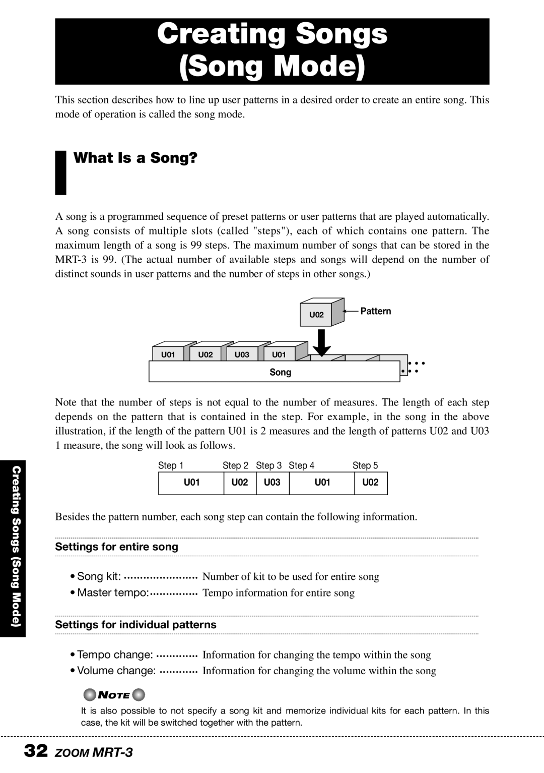 Zoom MRT-3 Creating Songs Song Mode, What Is a Song?, Settings for entire song, Settings for individual patterns 