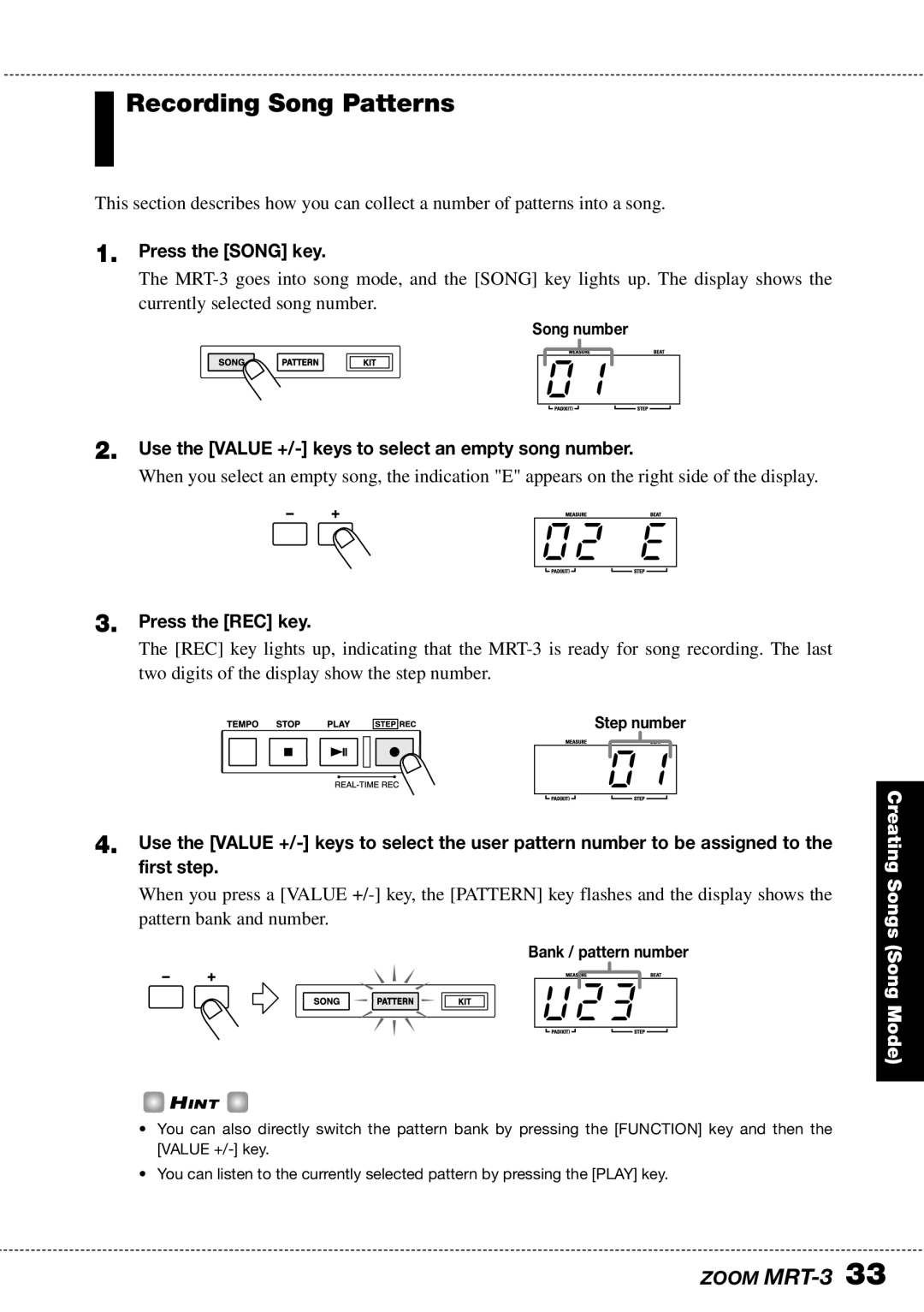 Zoom MRT-3 operation manual 02 E, @23, Recording Song Patterns, Use the Value +/- keys to select an empty song number 