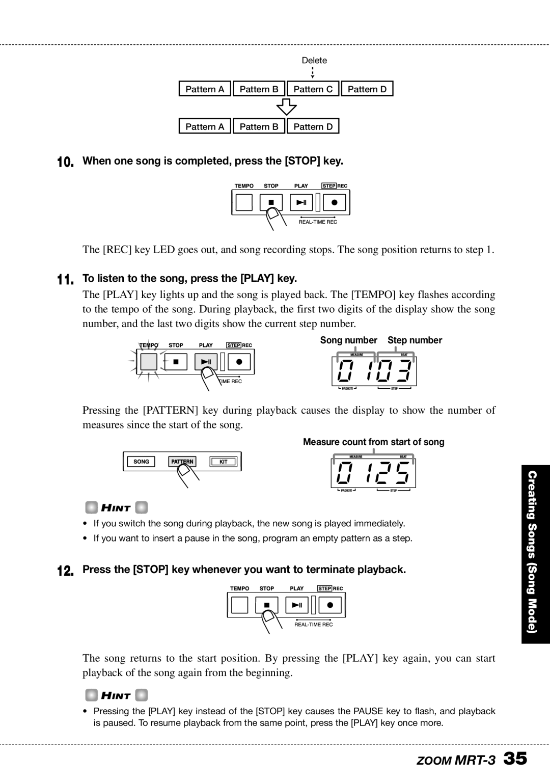 Zoom MRT-3 0103, 0125, When one song is completed, press the Stop key, To listen to the song, press the Play key 