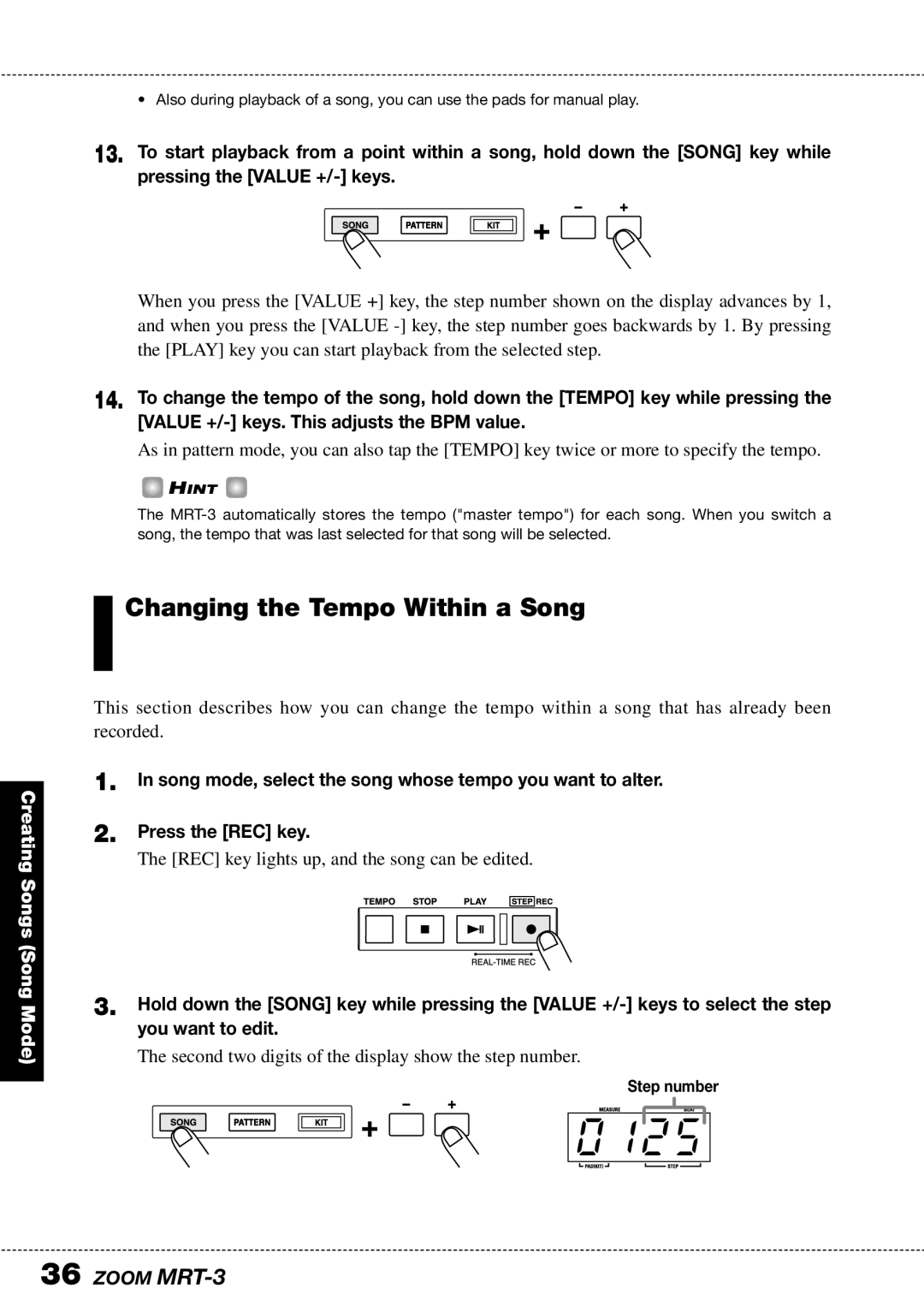 Zoom MRT-3 operation manual Changing the Tempo Within a Song 