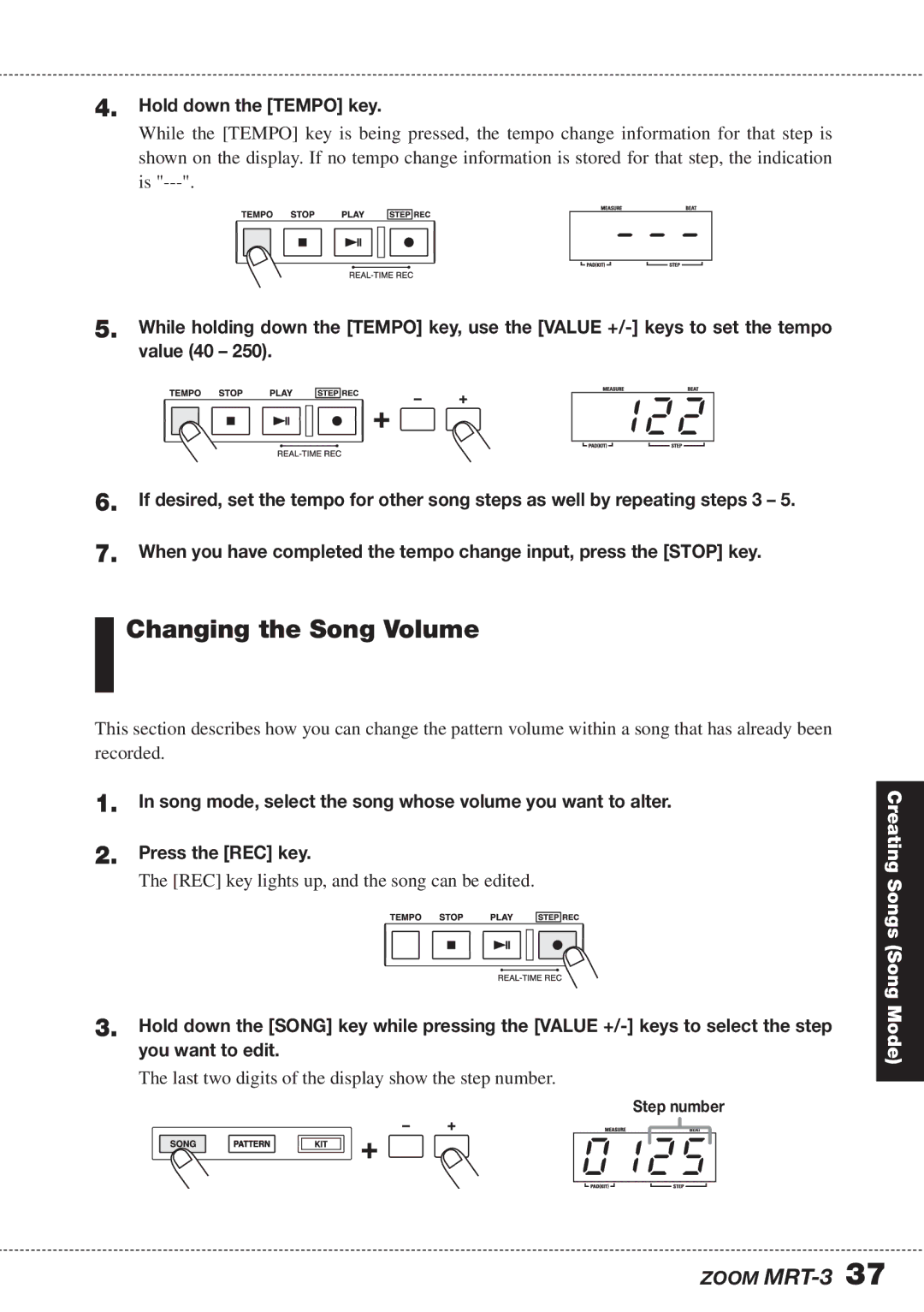 Zoom MRT-3 operation manual 122, Changing the Song Volume, Hold down the Tempo key 