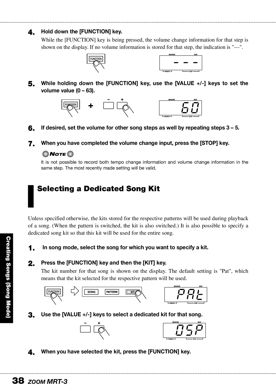 Zoom MRT-3 operation manual Pat, Selecting a Dedicated Song Kit, Hold down the Function key 