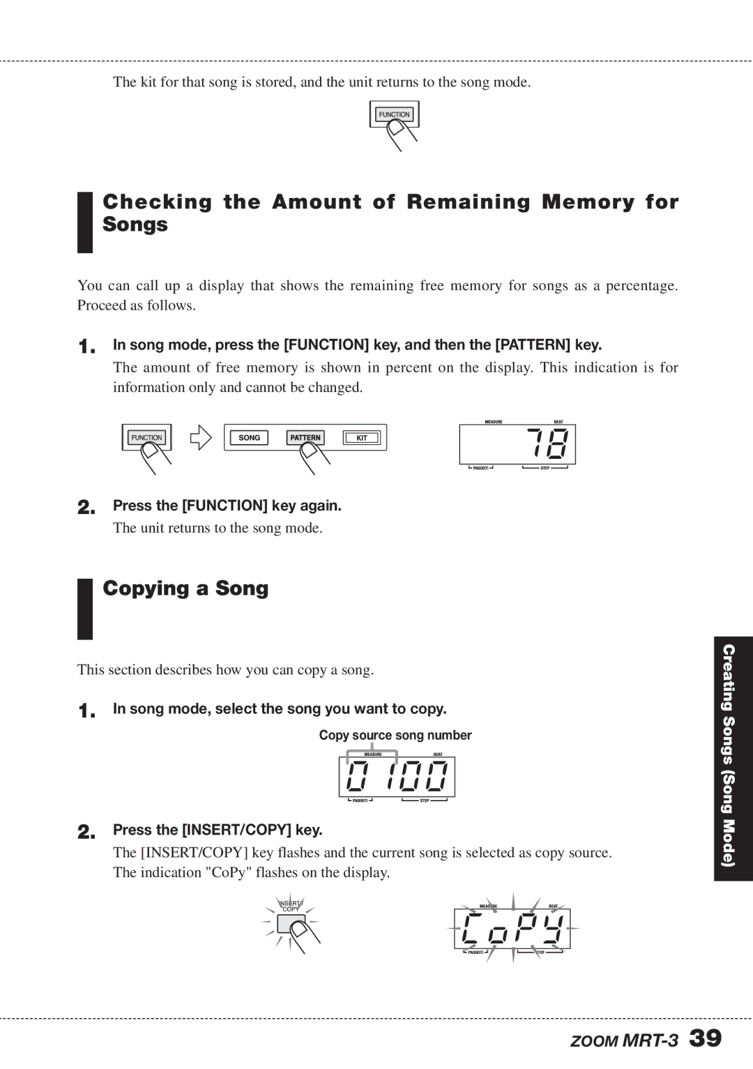 Zoom MRT-3 operation manual 0100, Checking the Amount of Remaining Memory for Songs, Copying a Song 