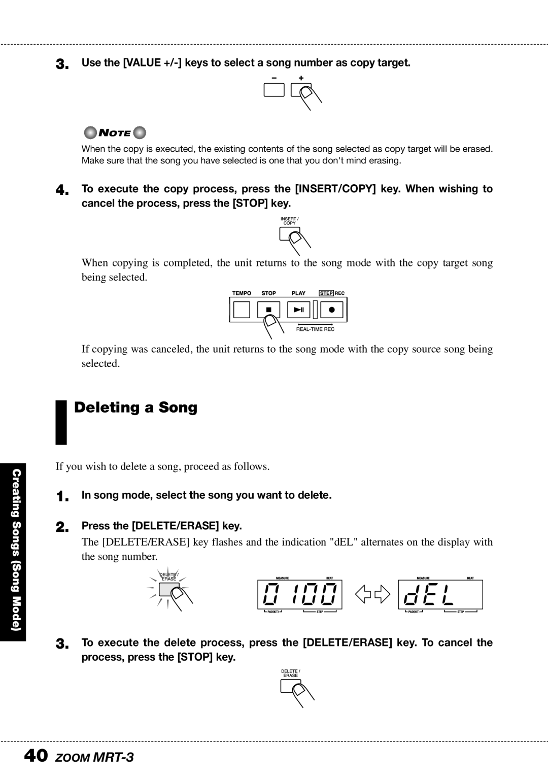 Zoom MRT-3 operation manual Deleting a Song 