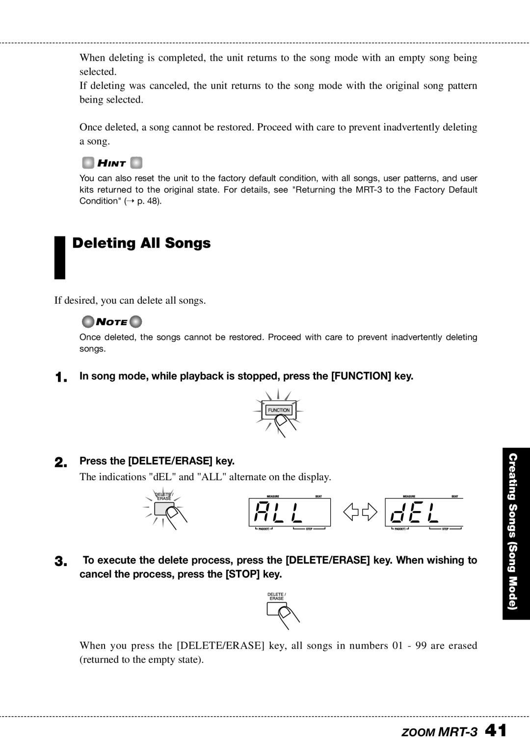 Zoom MRT-3 operation manual Deleting All Songs, If desired, you can delete all songs 