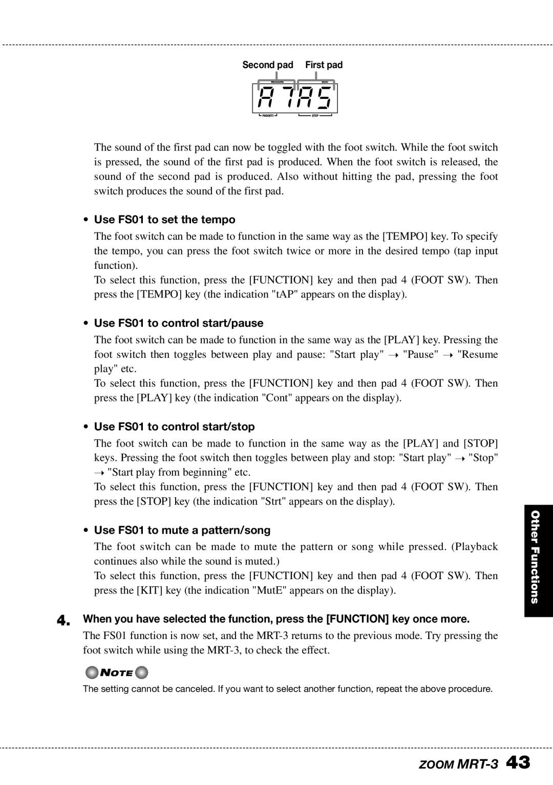 Zoom MRT-3 A7A5, Use FS01 to set the tempo, Use FS01 to control start/pause, Use FS01 to control start/stop 