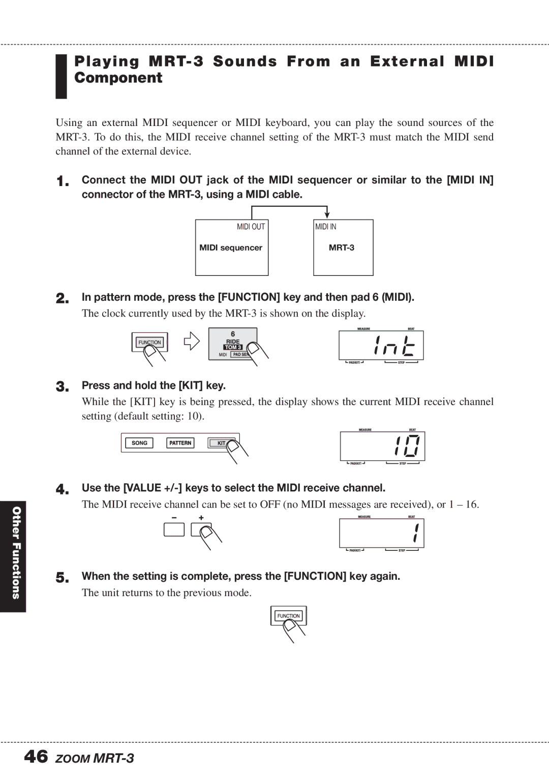 Zoom operation manual Int, Playing MRT-3 Sounds From an External Midi Component, Press and hold the KIT key 