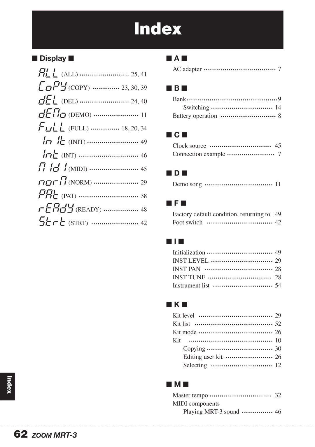 Zoom MRT-3 operation manual Index, Display 