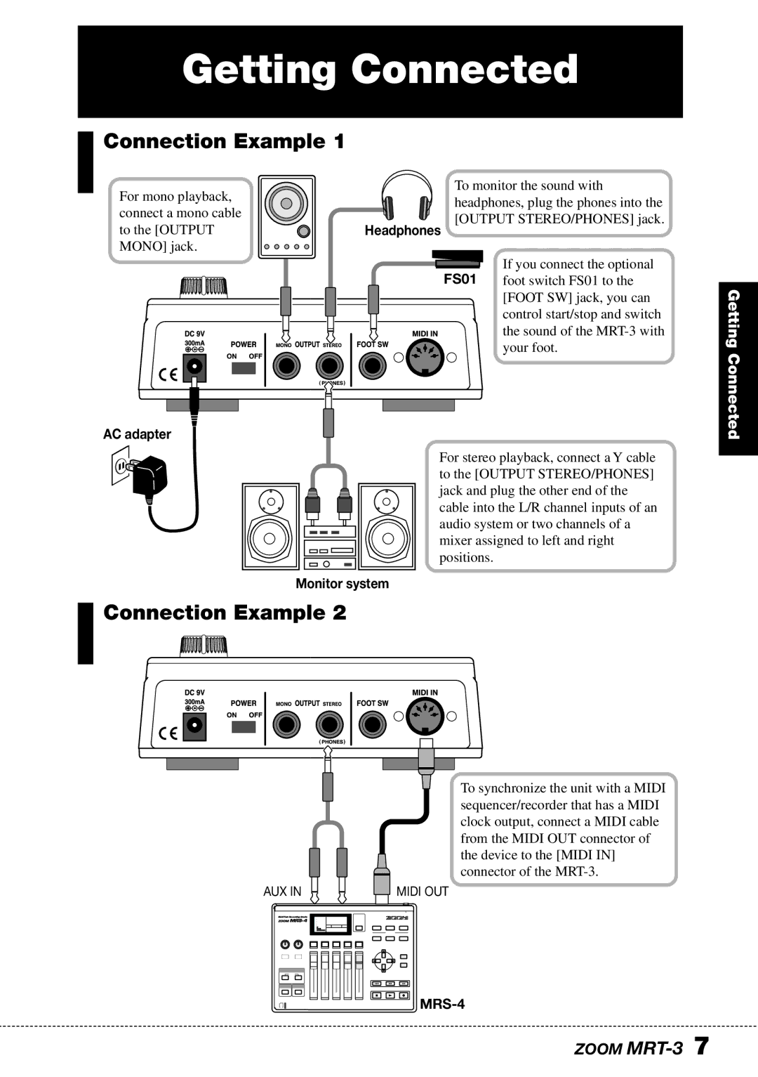 Zoom MRT-3 operation manual Getting Connected, Connection Example 