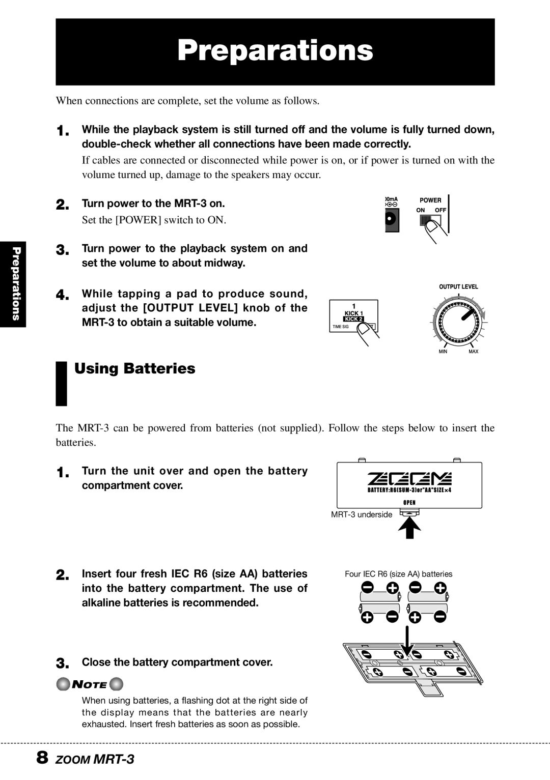 Zoom operation manual Preparations, Using Batteries, Turn power to the MRT-3 on 