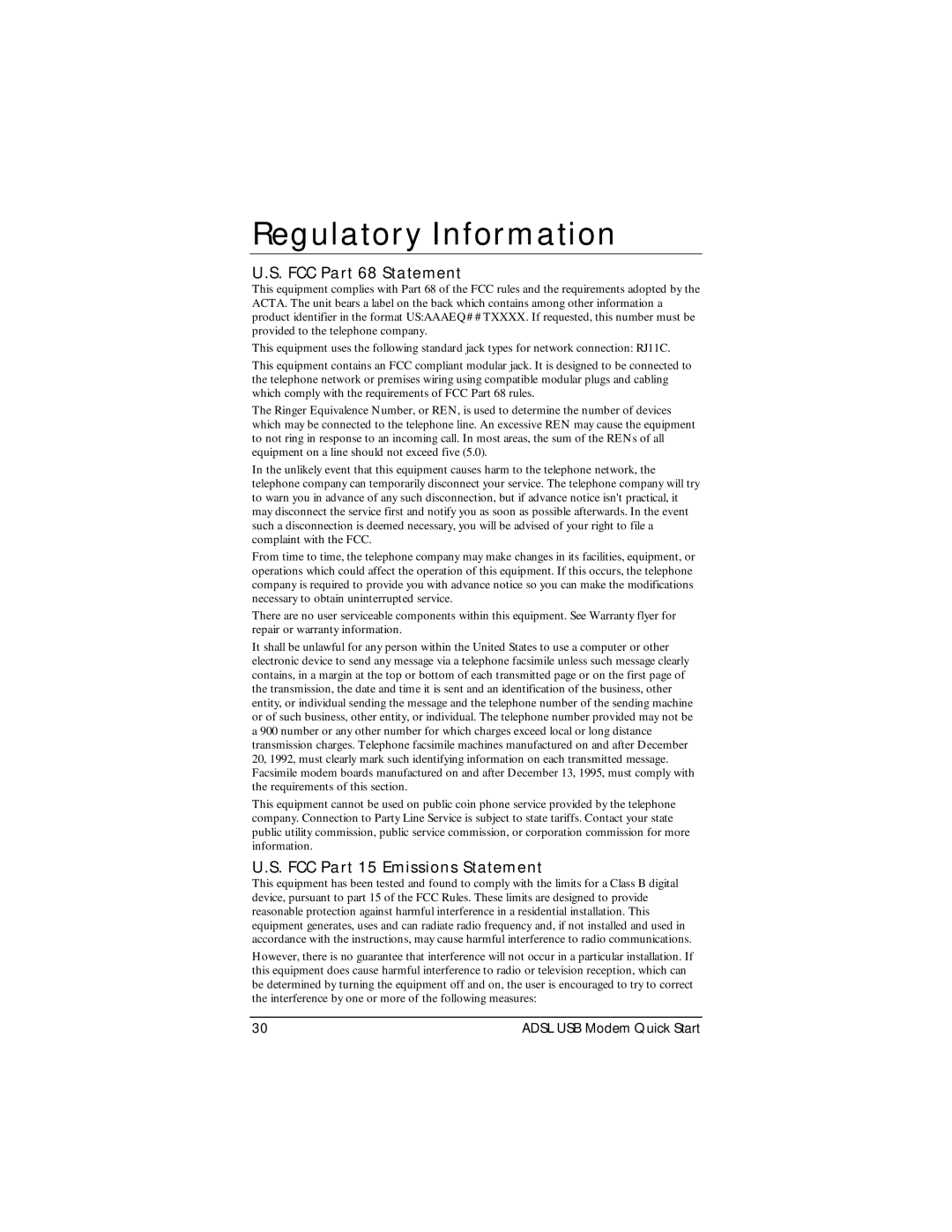 Zoom None quick start Regulatory Information, FCC Part 68 Statement 