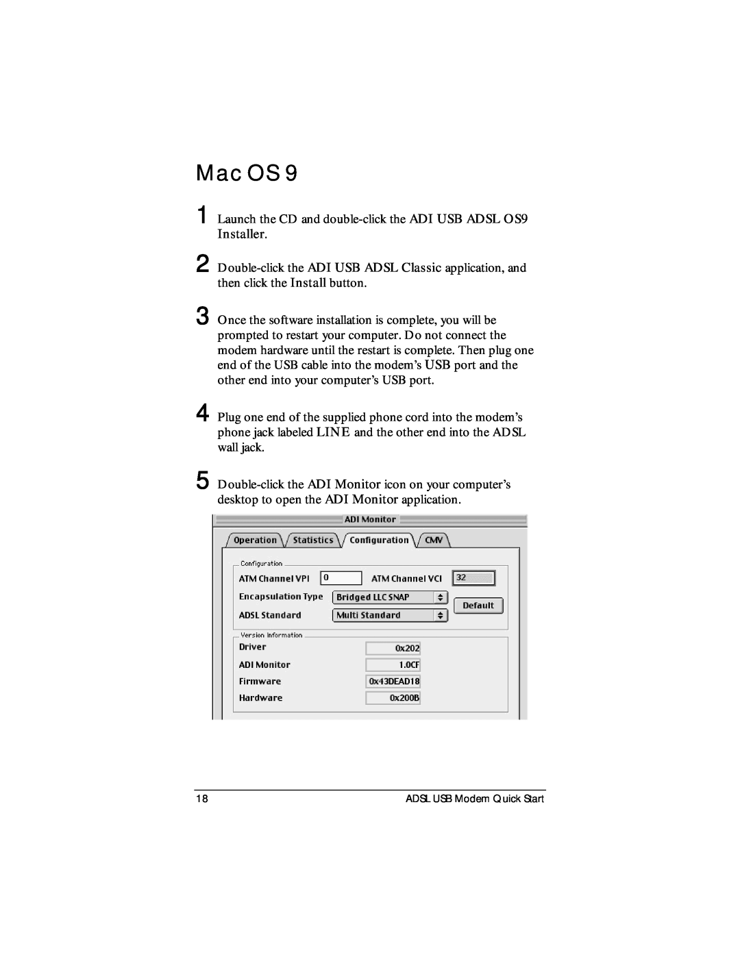Zoom None quick start Mac OS, Launch the CD and double-click the ADI USB ADSL OS9 Installer, ADSL USB Modem Quick Start 