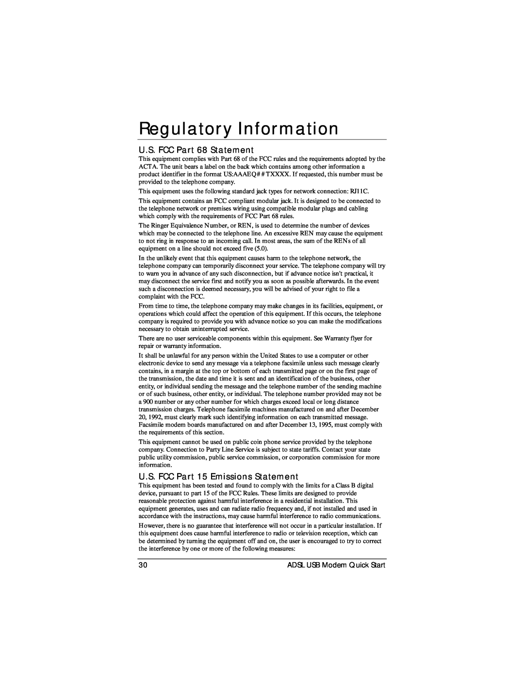 Zoom None quick start Regulatory Information, U.S. FCC Part 68 Statement, U.S. FCC Part 15 Emissions Statement 