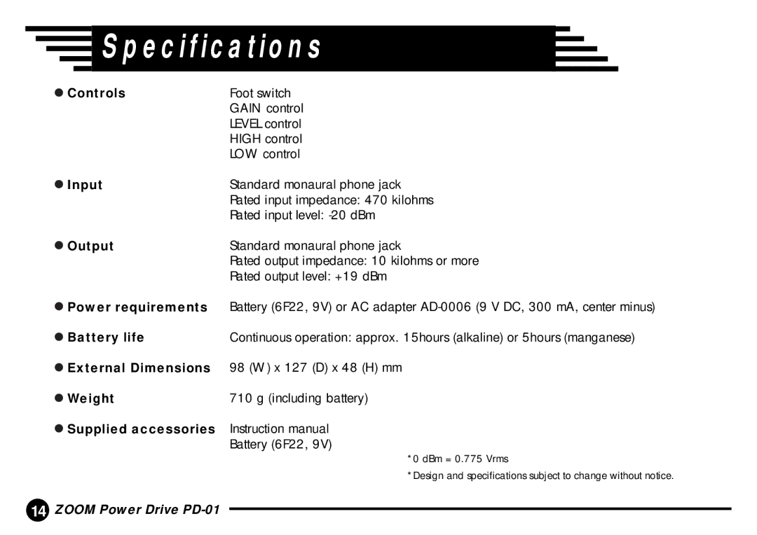 Zoom PD-01 manual Specifications, Output 