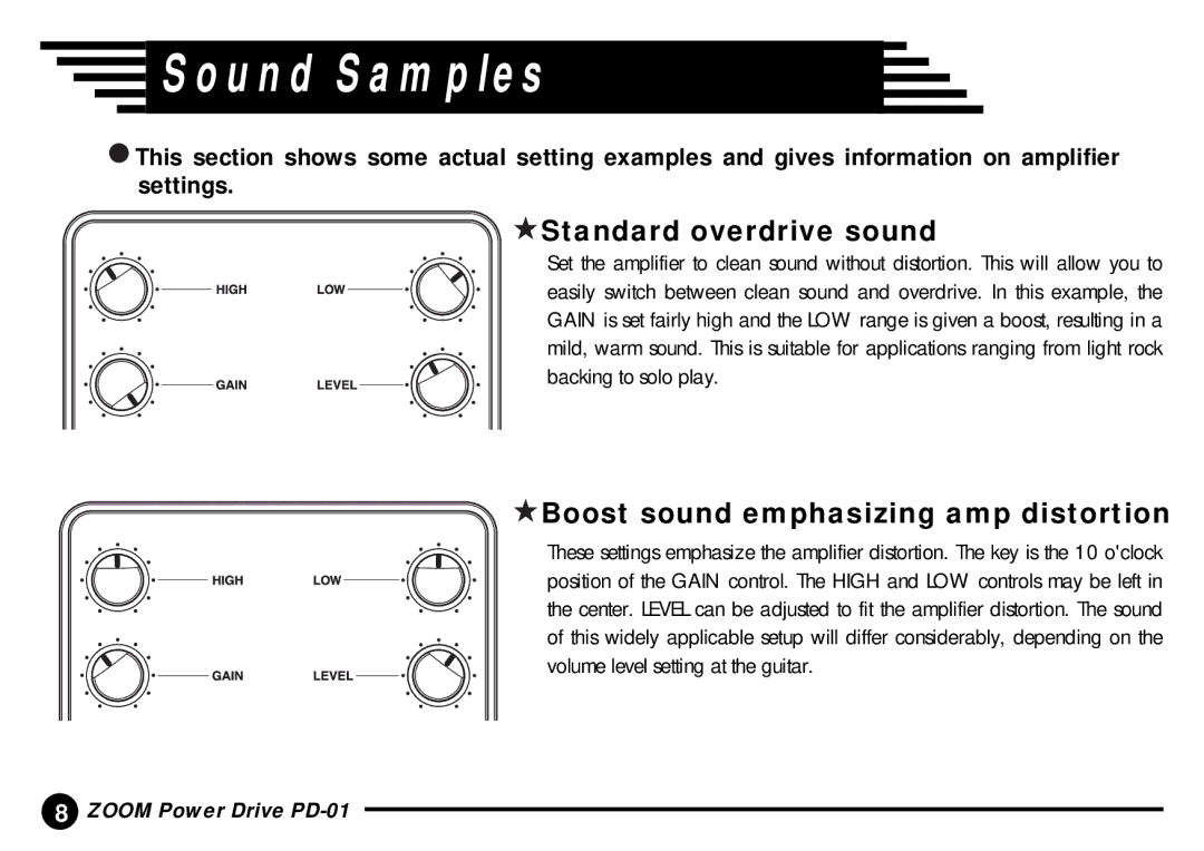 Zoom PD-01 manual Sound Samples, Standard overdrive sound, Boost sound emphasizing amp distortion 