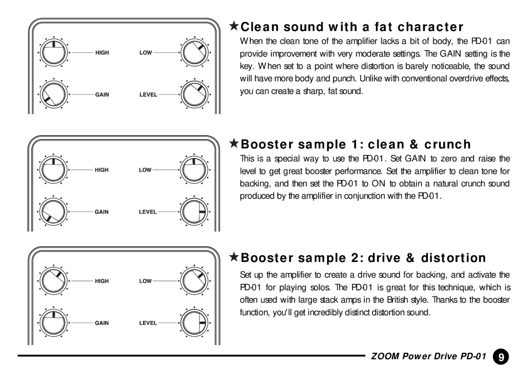 Zoom PD-01 manual Clean sound with a fat character, Booster sample 1 clean & crunch, Booster sample 2 drive & distortion 