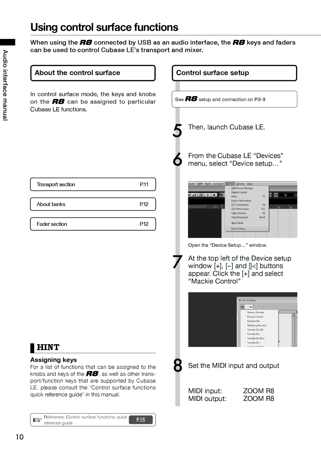 Zoom R8 manual Using control surface functions, About the control surface, Control surface setup, Midi output 