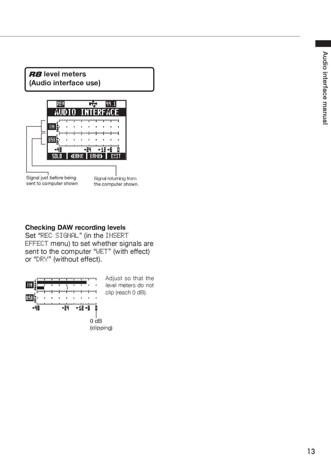 Zoom R8 manual Level meters Audio interface use, Checking DAW recording levels 