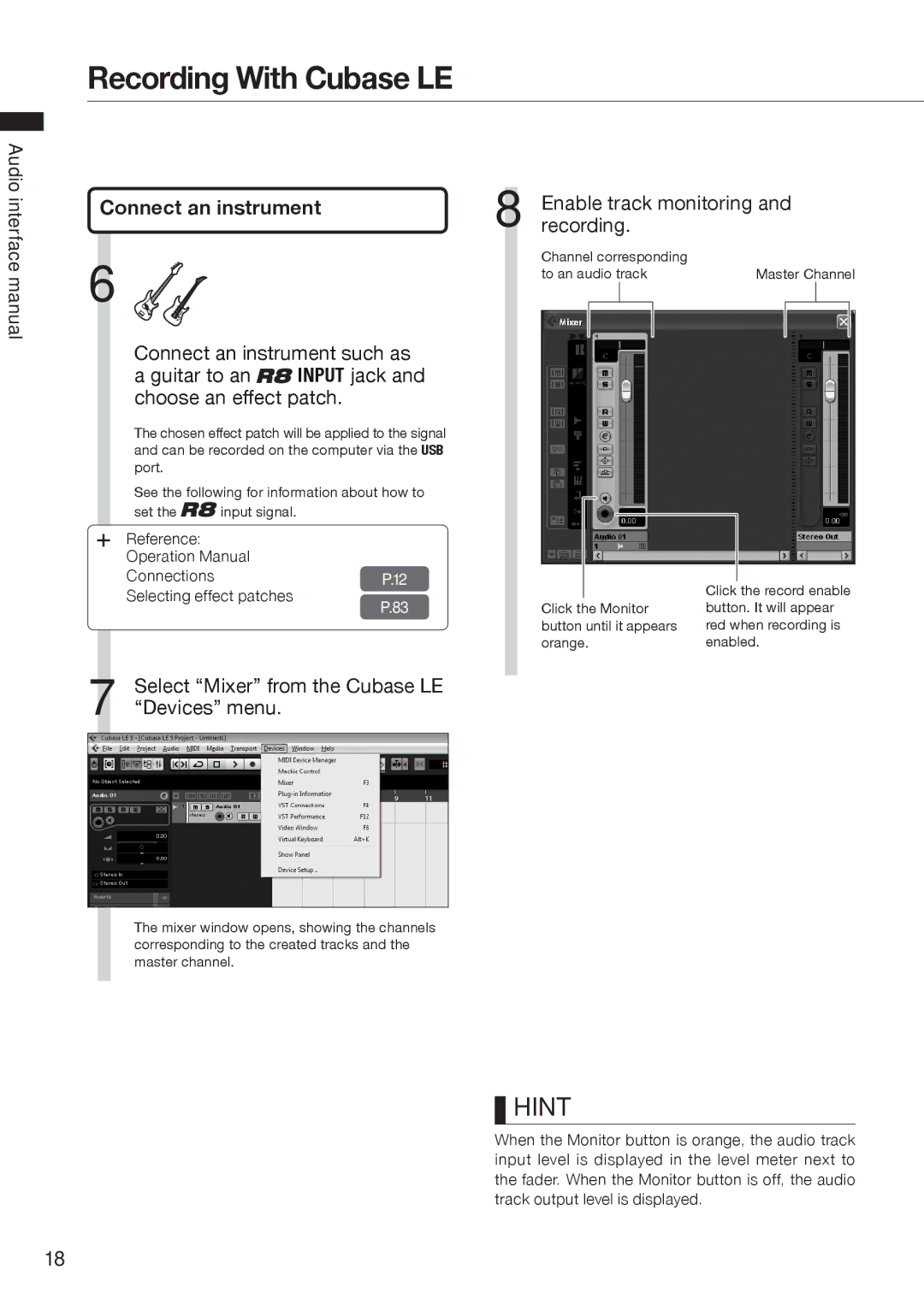 Zoom R8 manual Connect an instrument, Select Mixer from the Cubase LE Devices menu 