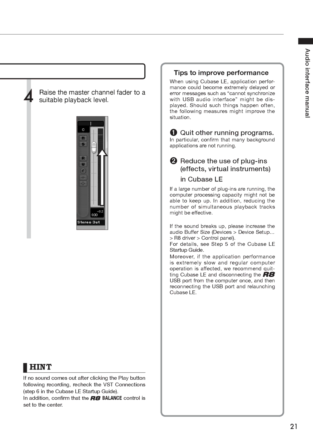 Zoom R8 manual Raise the master channel fader to a suitable playback level, Tips to improve performance 