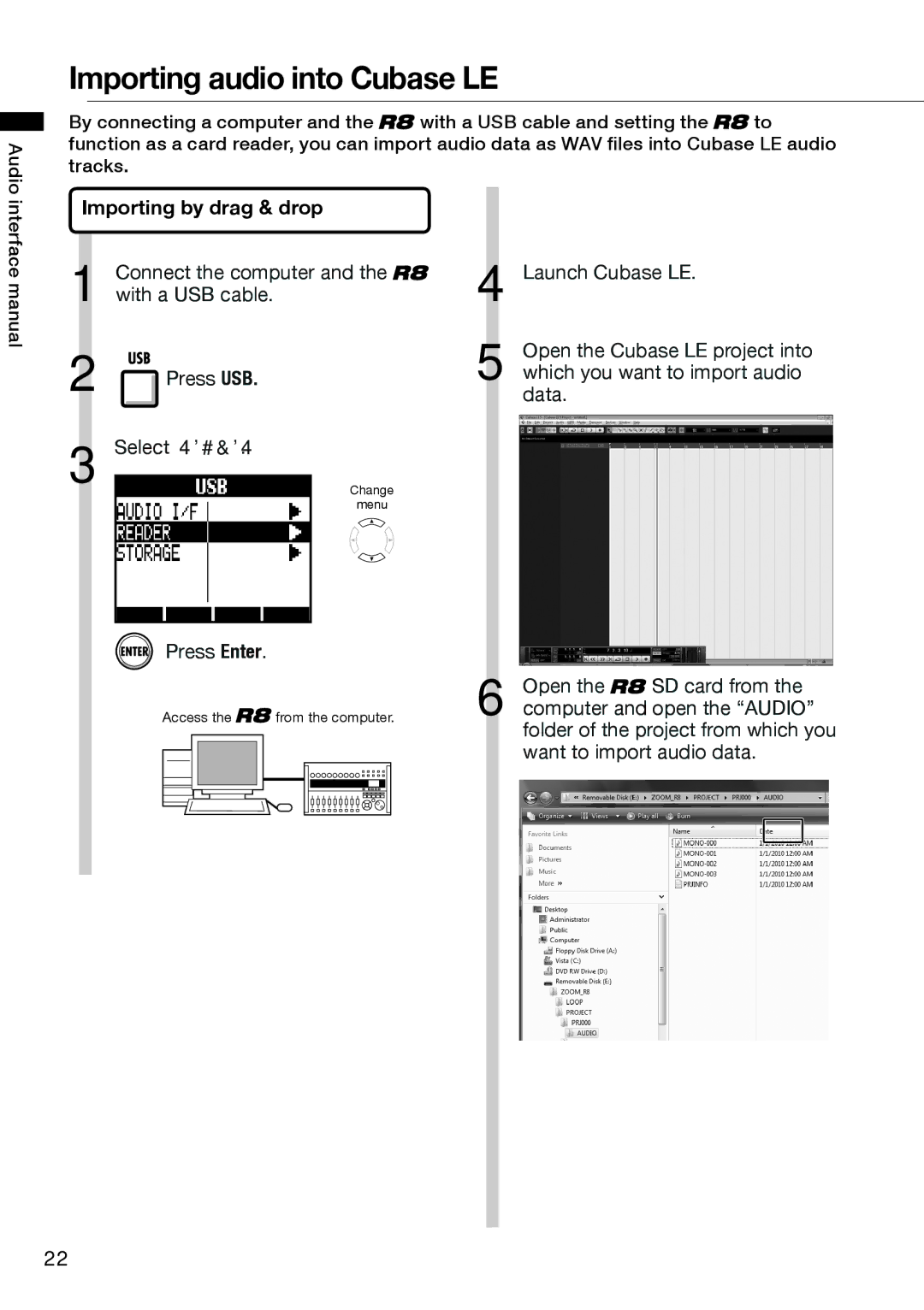 Zoom R8 manual Importing audio into Cubase LE, Importing by drag & drop 