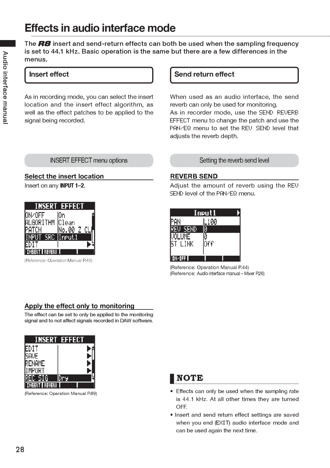 Zoom R8 manual Effects in audio interface mode, Insert effect, Insert Effect menu options, Select the insert location 