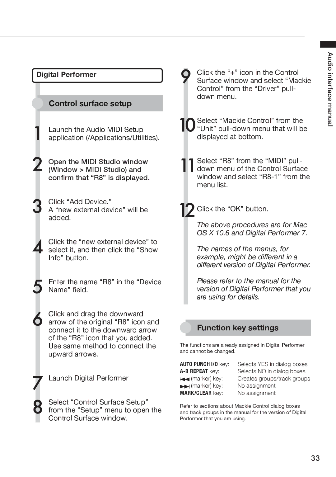 Zoom R8 manual Function key settings, Digital Performer 