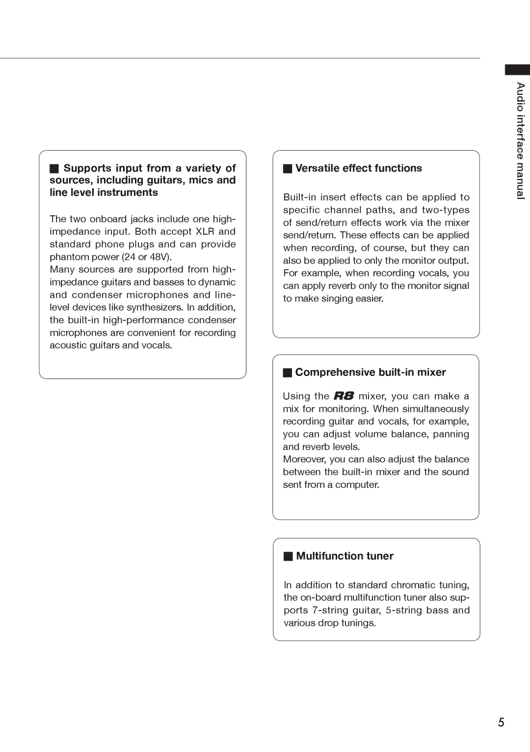 Zoom R8 manual Versatile effect functions, Comprehensive built-in mixer, Multifunction tuner 
