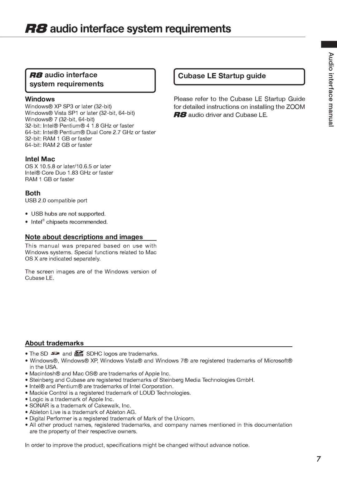 Zoom R8 manual Audio interface system requirements, Cubase LE Startup guide 