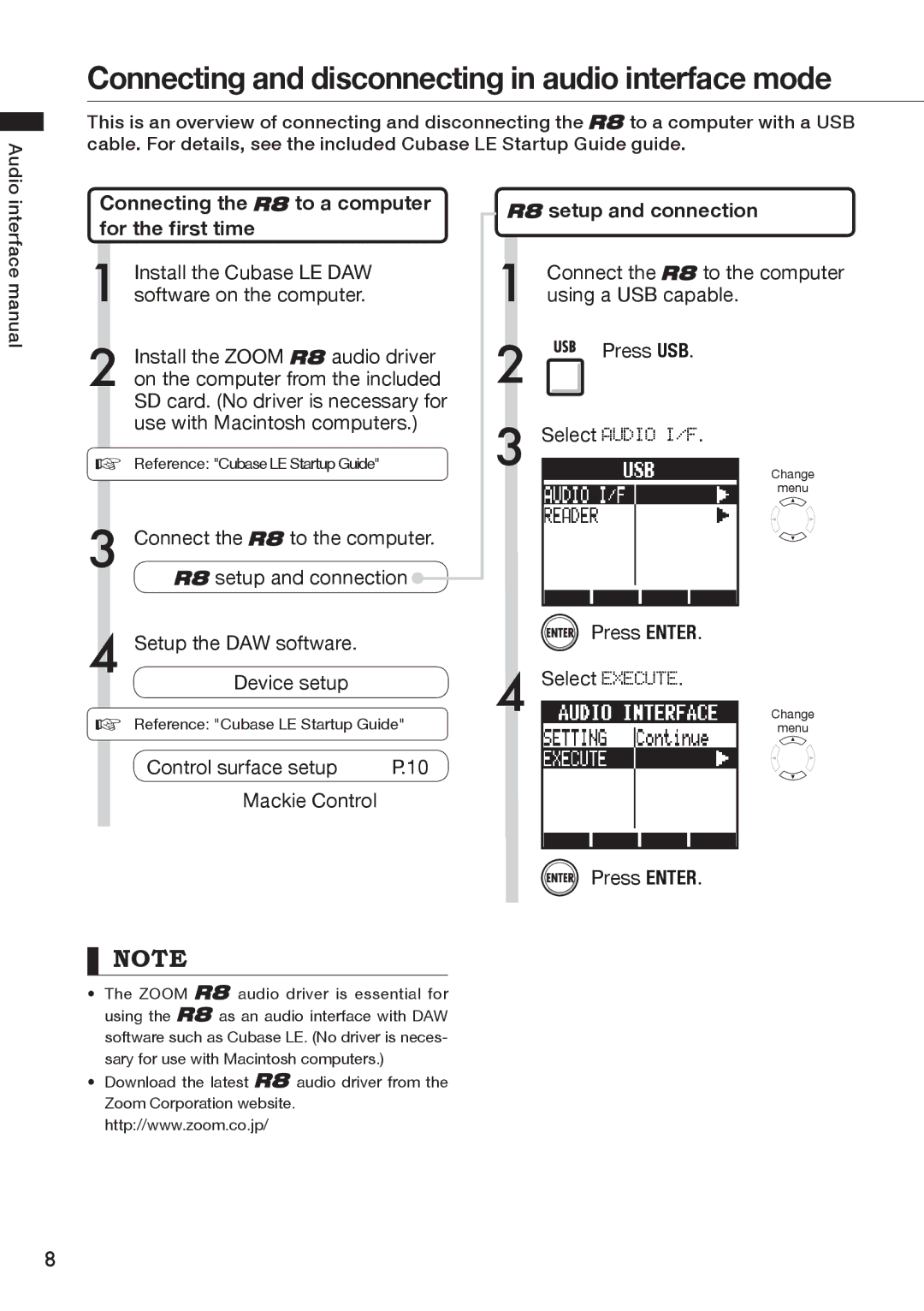 Zoom R8 manual Connecting and disconnecting in audio interface mode, Select Execute Device setup 