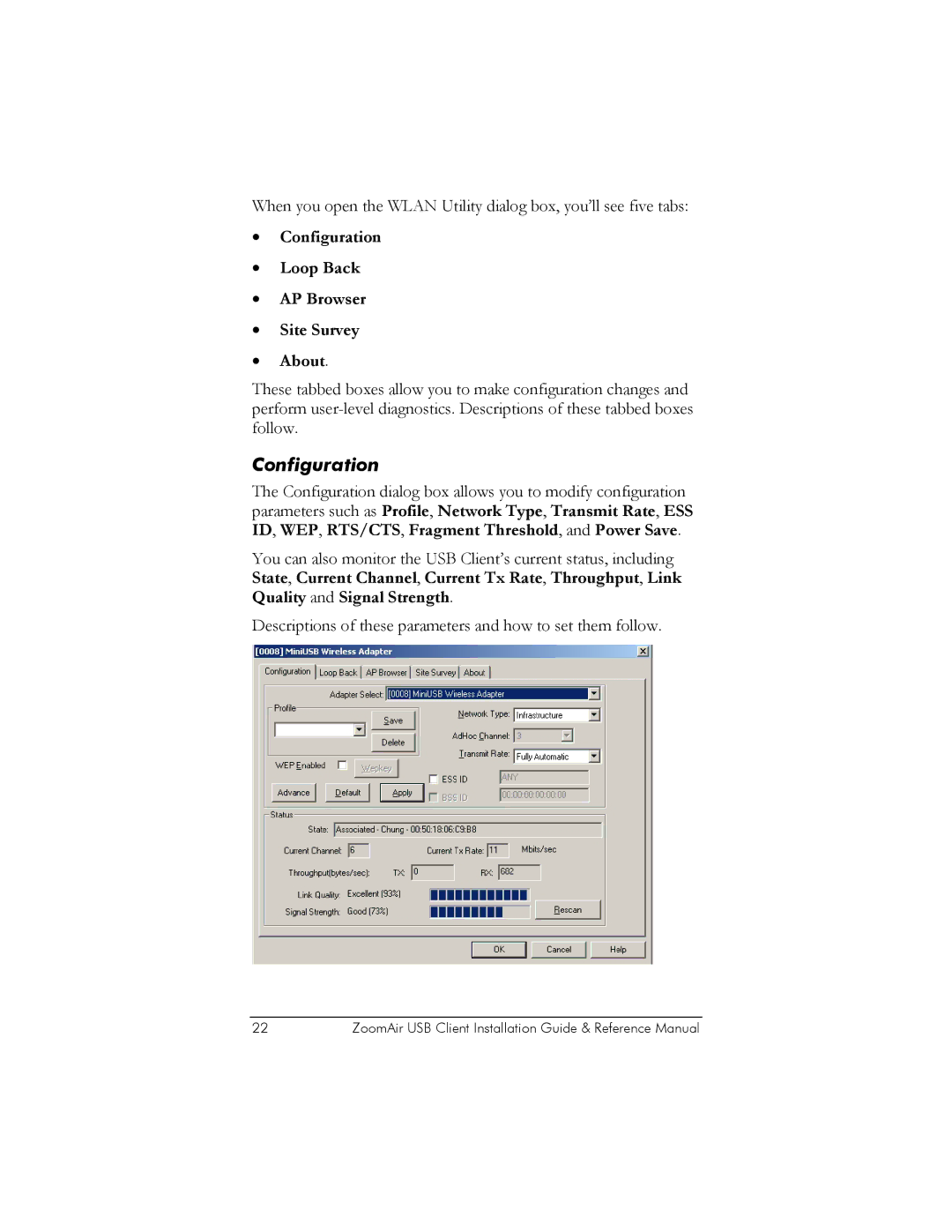 Zoom USB Client manual Configuration Loop Back AP Browser Site Survey About 