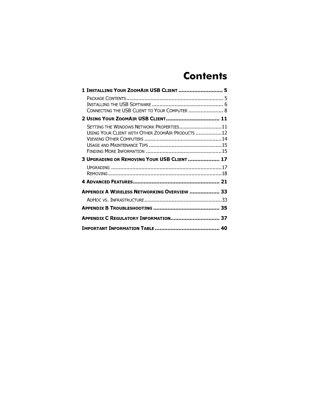 Zoom USB Client manual Contents 