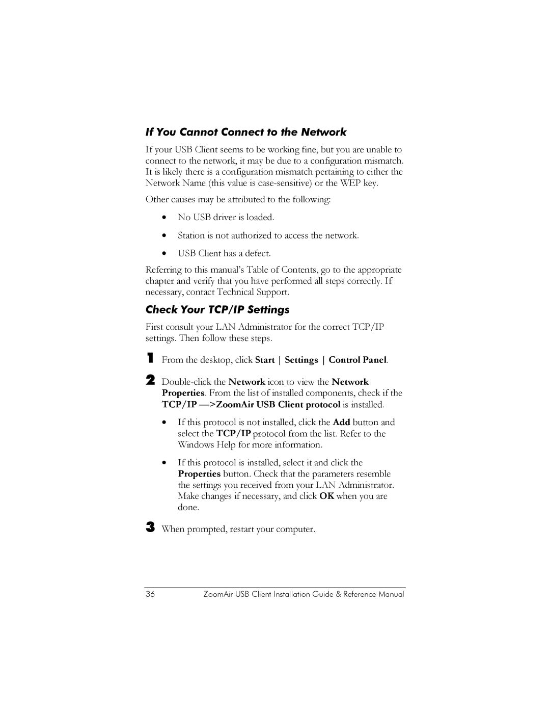 Zoom USB Client manual If You Cannot Connect to the Network, Check Your TCP/IP Settings 