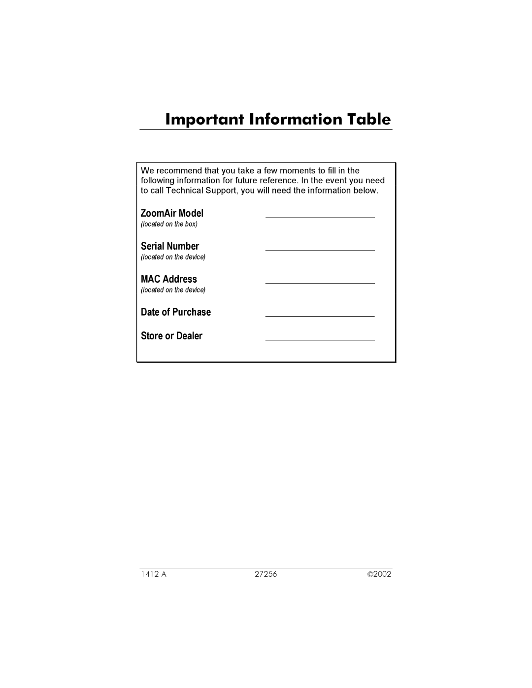 Zoom USB Client manual Important Information Table 