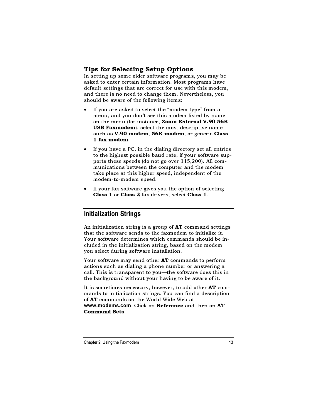 Zoom USB Faxmodem quick start Initialization Strings, Command Sets 