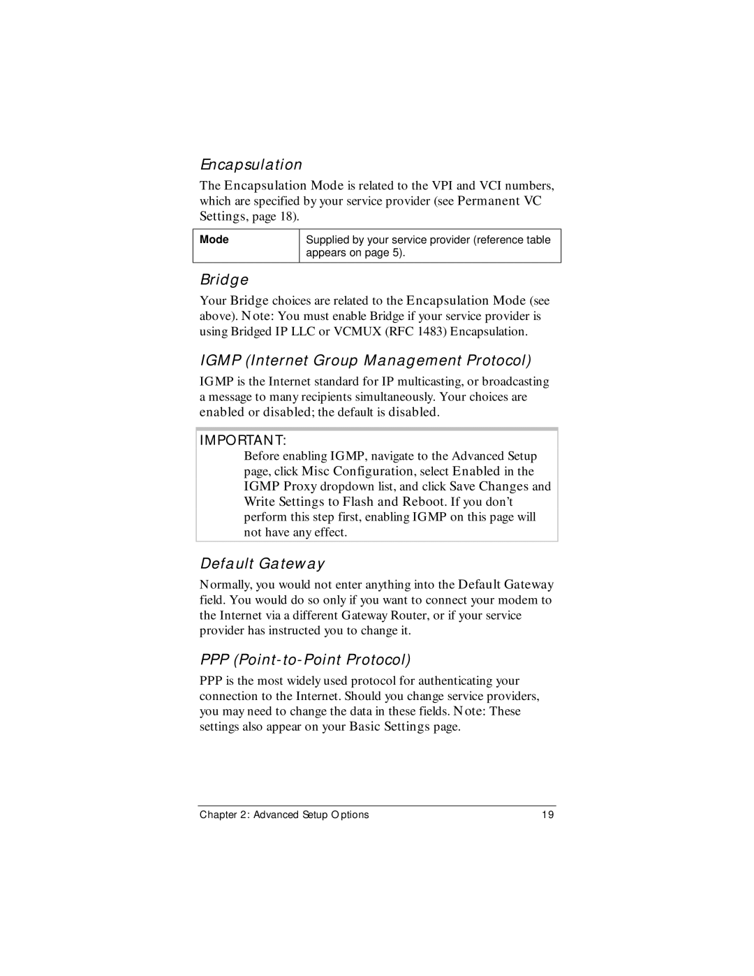 Zoom X4 manual Encapsulation, Bridge, Igmp Internet Group Management Protocol, Default Gateway, PPP Point-to-Point Protocol 