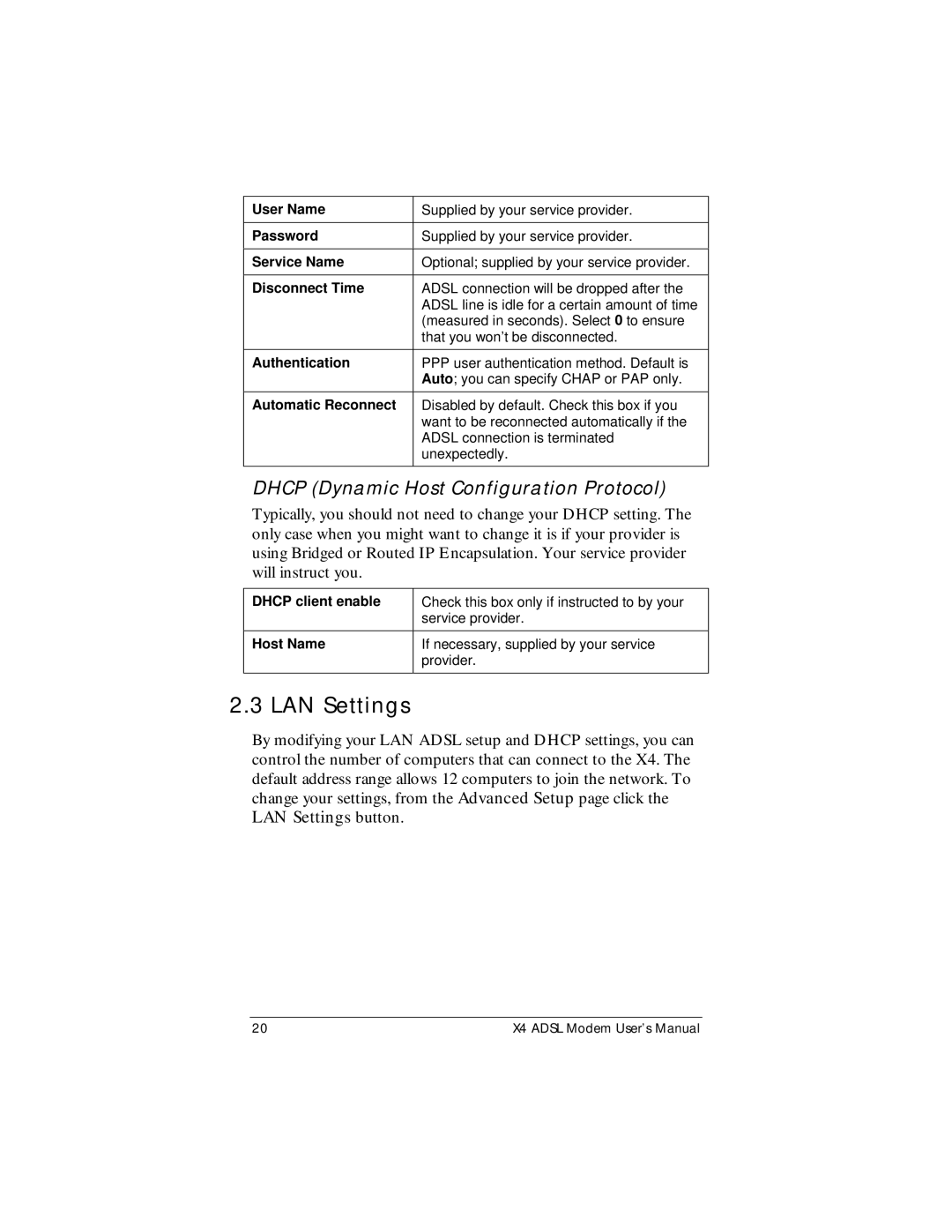 Zoom X4 manual LAN Settings, Dhcp Dynamic Host Configuration Protocol 