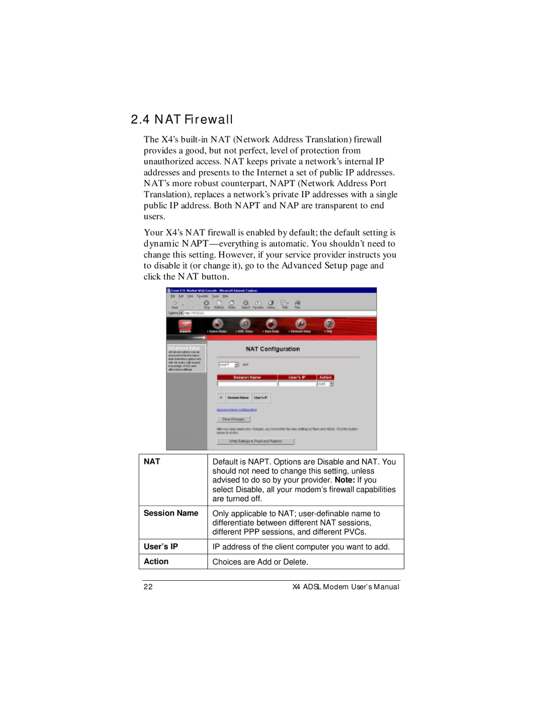 Zoom X4 manual NAT Firewall, Session Name, User’s IP, Action 