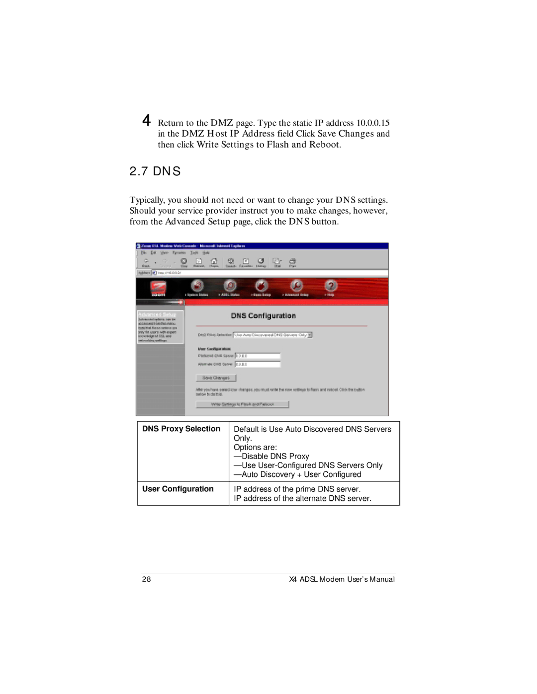 Zoom X4 manual Dns, DNS Proxy Selection, User Configuration 