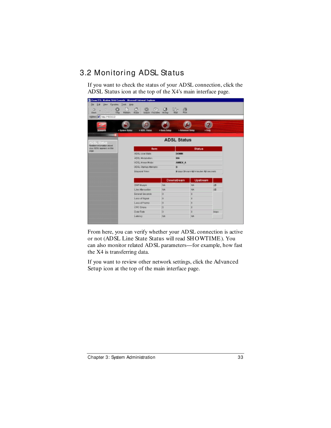 Zoom X4 manual Monitoring Adsl Status 