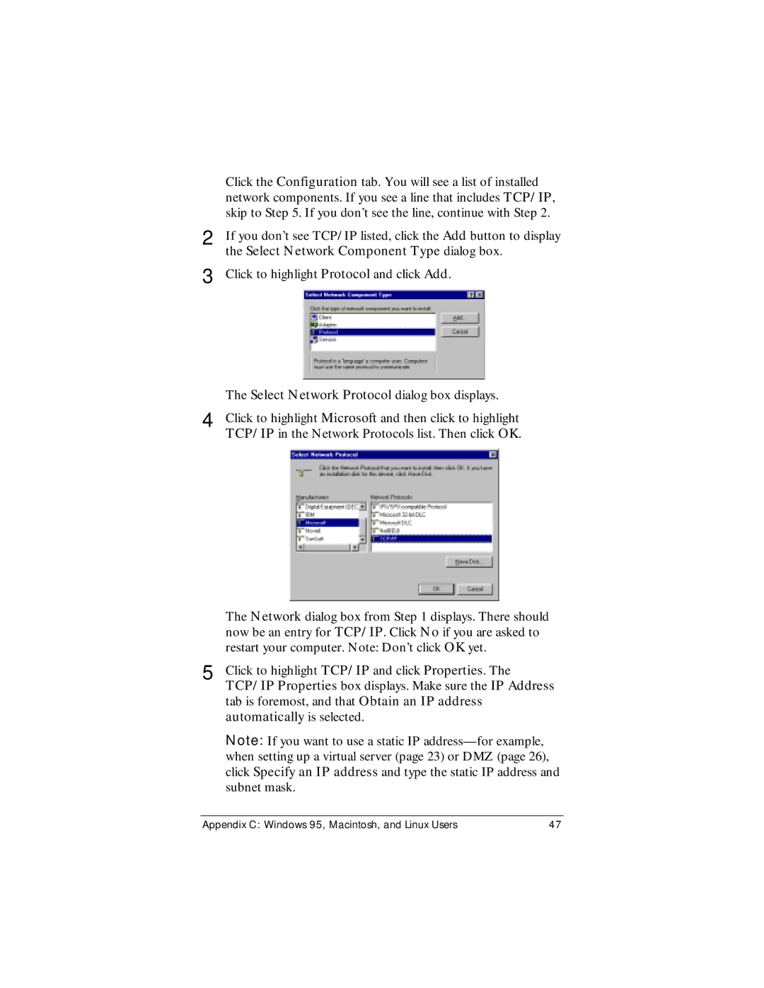 Zoom X4 manual Select Network Component Type dialog box 