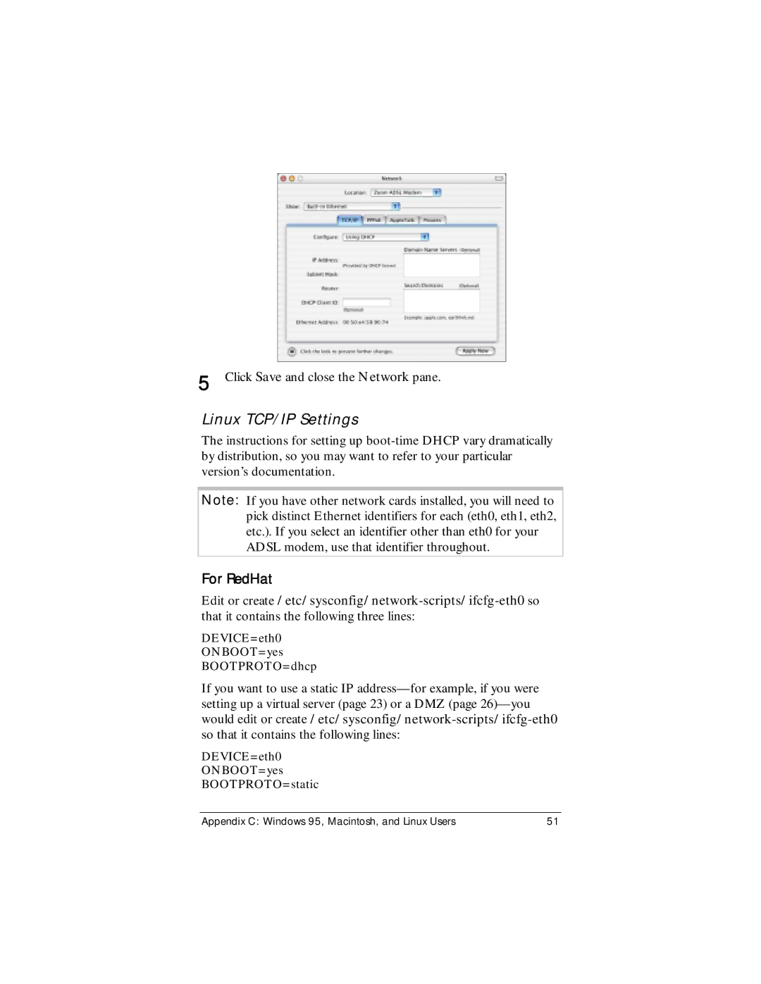 Zoom X4 manual Linux TCP/IP Settings, For RedHat 