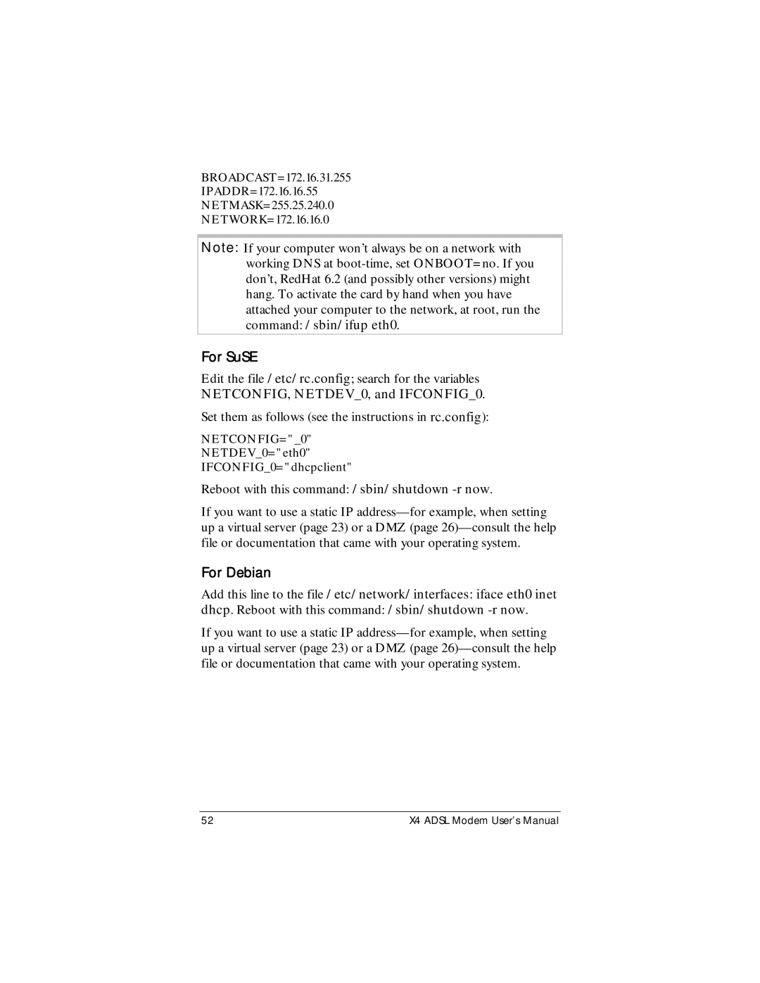 Zoom X4 manual For SuSE, NETCONFIG, NETDEV0, and IFCONFIG0 