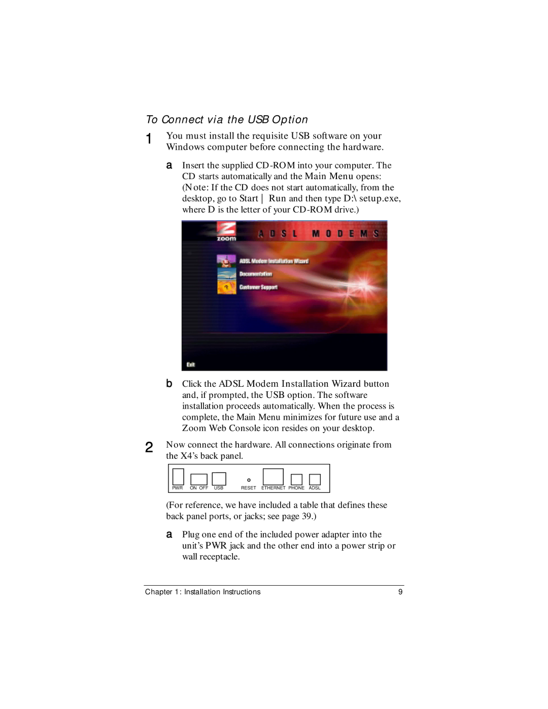 Zoom X4 manual To Connect via the USB Option, Click the Adsl Modem Installation Wizard button 