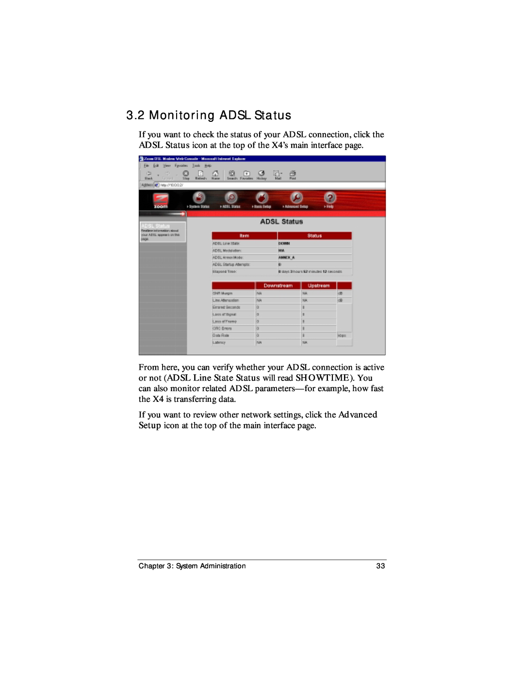 Zoom X4 manual Monitoring ADSL Status, System Administration 