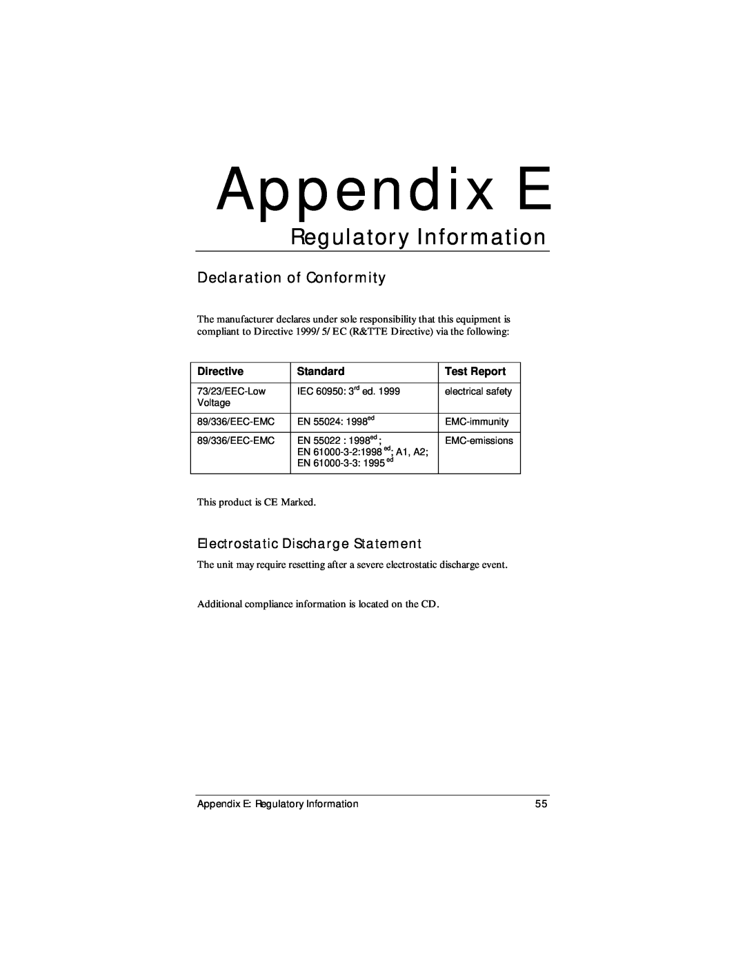 Zoom X4 manual Appendix E, Regulatory Information, Declaration of Conformity, Electrostatic Discharge Statement, Directive 