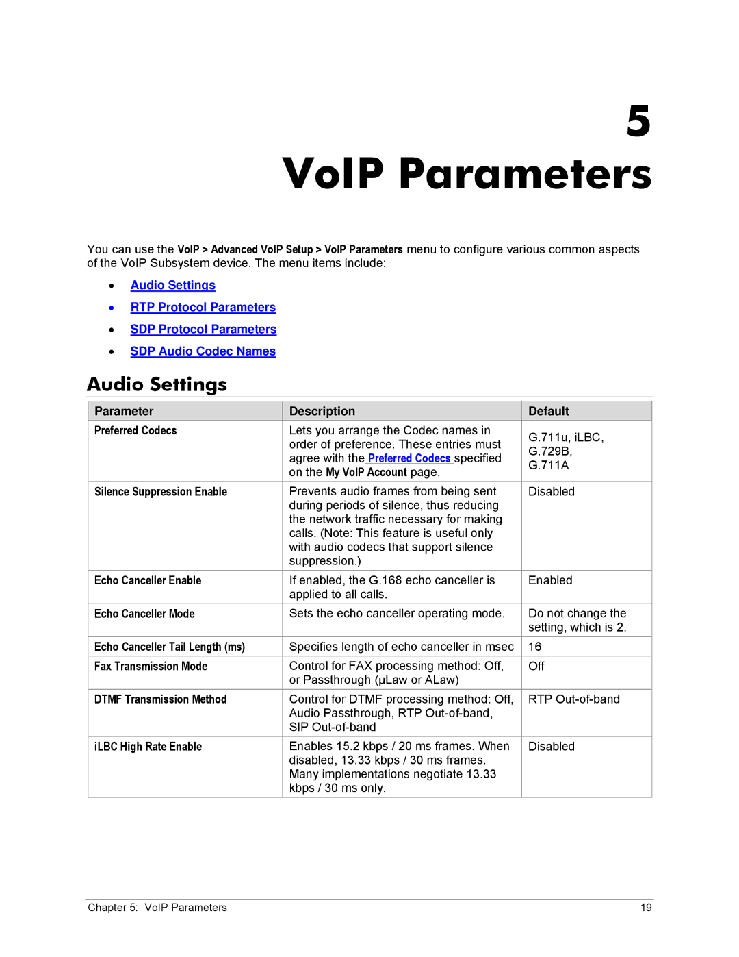 Zoom X6v VoIP manual VoIP Parameters, Audio Settings 