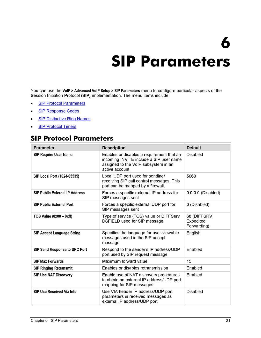 Zoom X6v VoIP manual SIP Parameters, SIP Protocol Parameters 