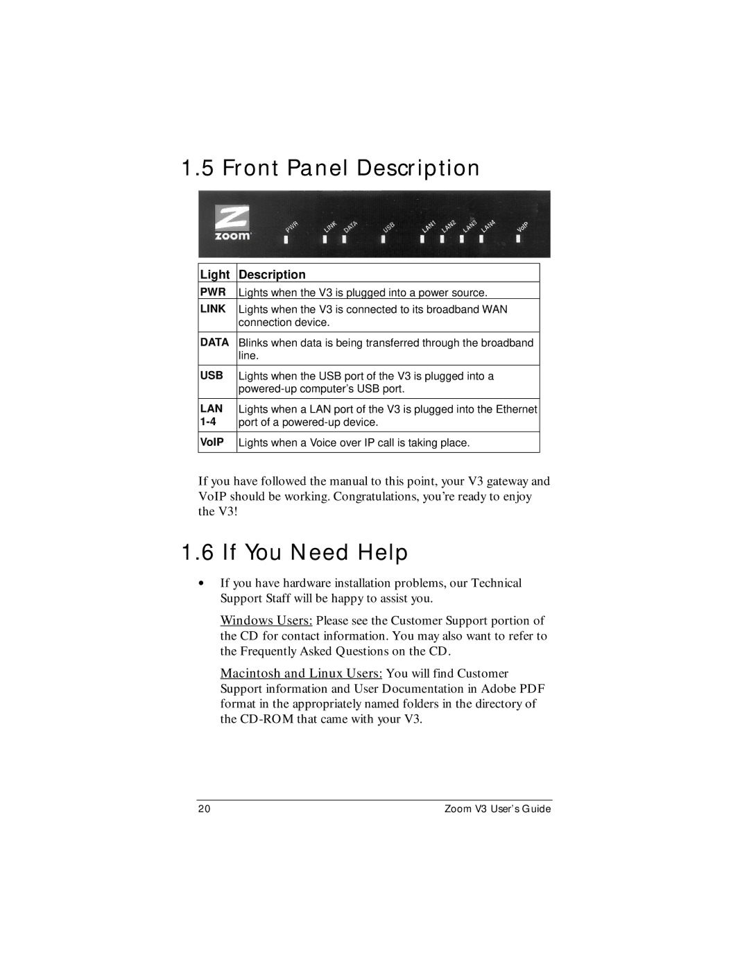 Zoom Zoom V3 manual Front Panel Description, If You Need Help, VoIP 