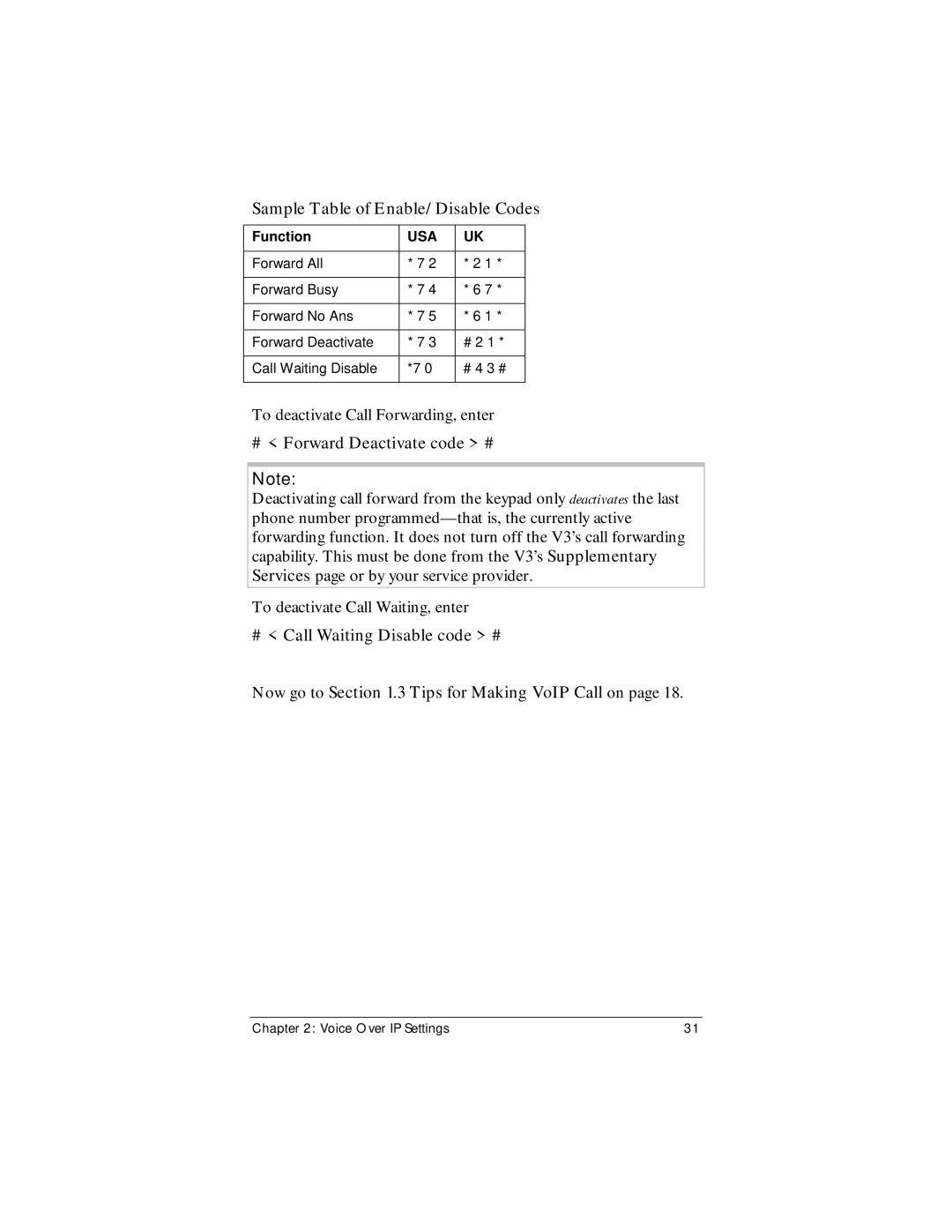 Zoom Zoom V3 manual Sample Table of Enable/Disable Codes, # Forward Deactivate code #, Function 